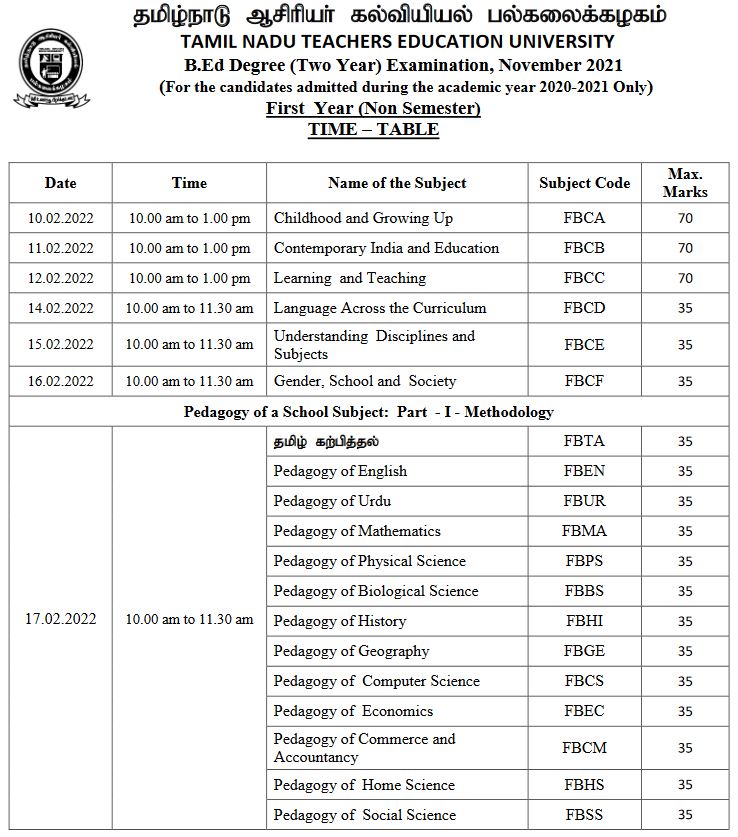 TNTEU B.Ed 1st & 2nd Year Exam Time Table 2022 www.tnteu.ac.in BEd Exam Date