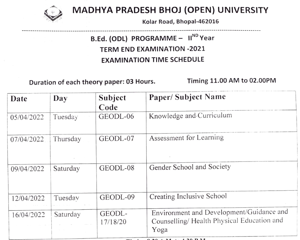 Bhoj University B.Ed 1st & 2nd Year Time Table 2022 MPBOU BEd Exam Date Sheet @ mpbou.edu.in