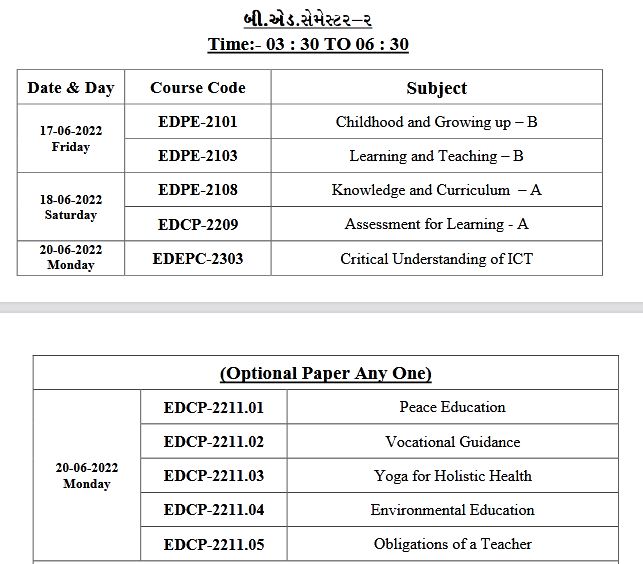 HNGU B.Ed Exam Time Table 2022 HNGU BEd Sem 1 & 3 Exam Date Pdf Download