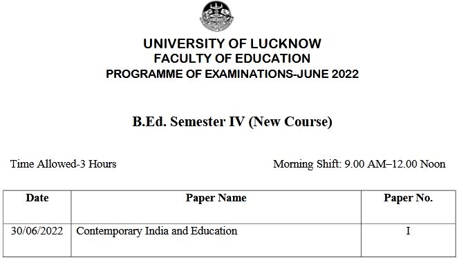 Lucknow University B.Ed Exam Date 2022 यहाँ देंखे BEd 2nd & 4th Sem Time Table Pdf Download