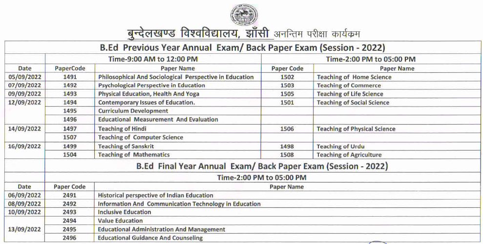 BU Jhansi B.Ed 1st & 2nd Year Time Table 2022 यहाँ देंखे Bundelkhand University BEd Exam Date @ www.bujhansi.ac.in