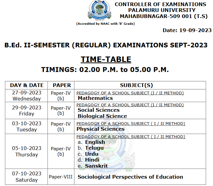 Palamuru University B.Ed 1st & 3rd Sem Time Table 2024 PU BEd Exam Date Pdf Download